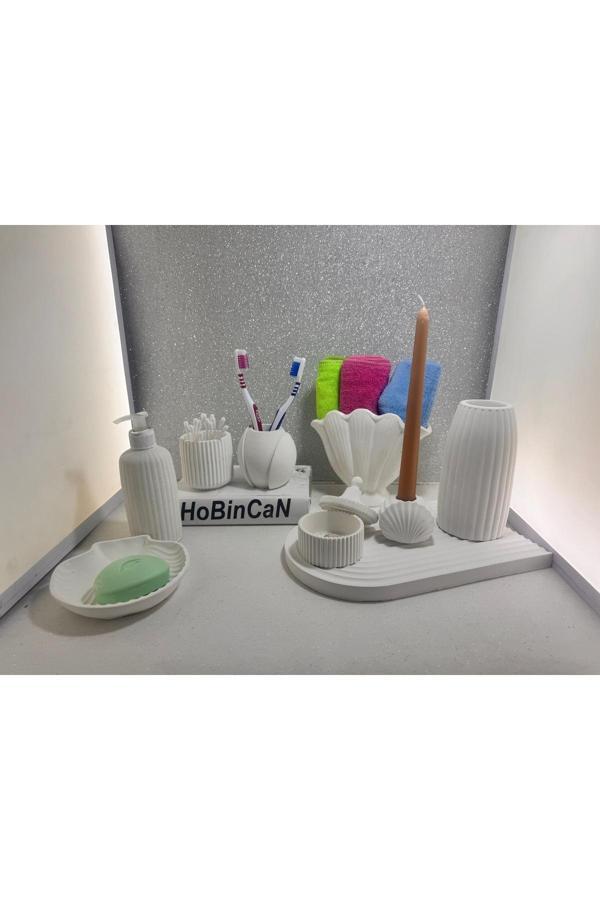 Blanj 10 Parça Sade Beyaz Beton Banyo Seti Katı Ve Sıvı Sabunluk Diş Fırçalığı Havluluk Gökkuşağı Tepsi - Image 1