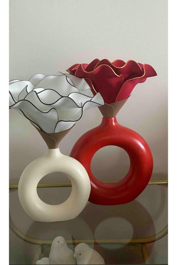 Blanj Kırmızı-Krem Bohem Halka Vazo - Image 1