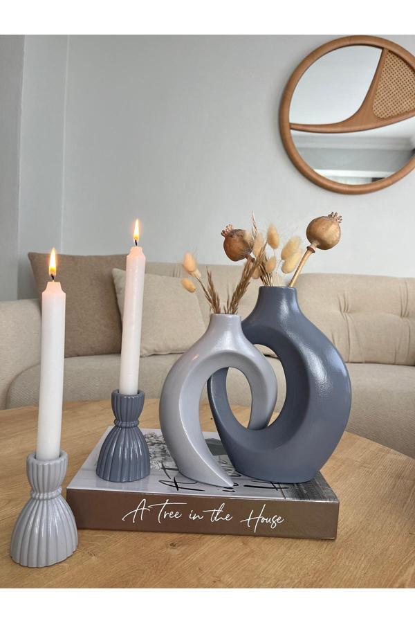 Elasibel Home Sevgili Vazo, Sarmaşık Vazo Dekoratif 2’Li Şamdanlı Set - Image 1