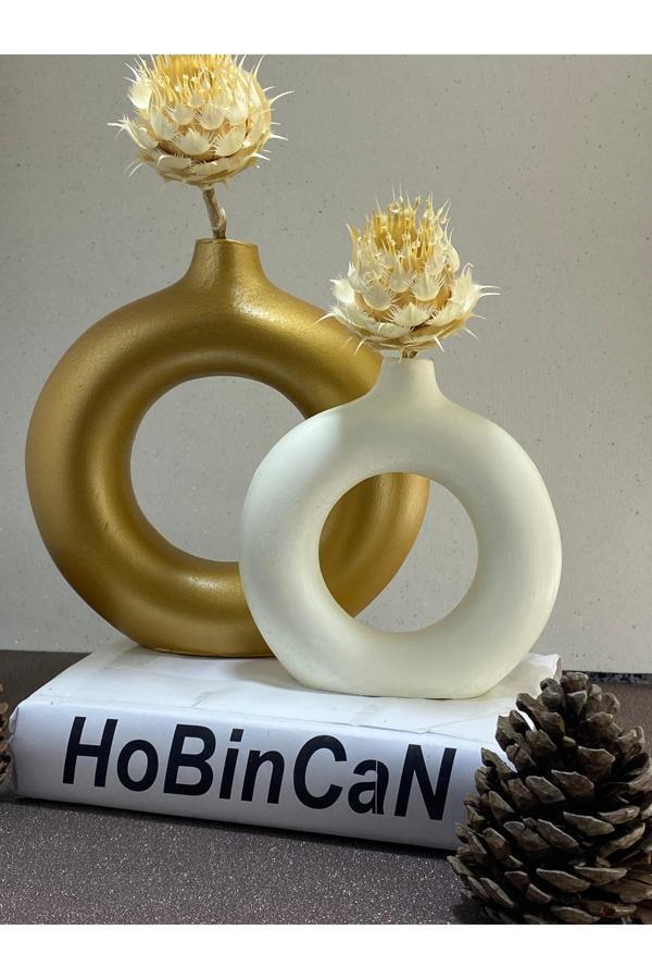 Blanj Bohem İkili Halka Vazo Krem-Gold Altın - Image 1