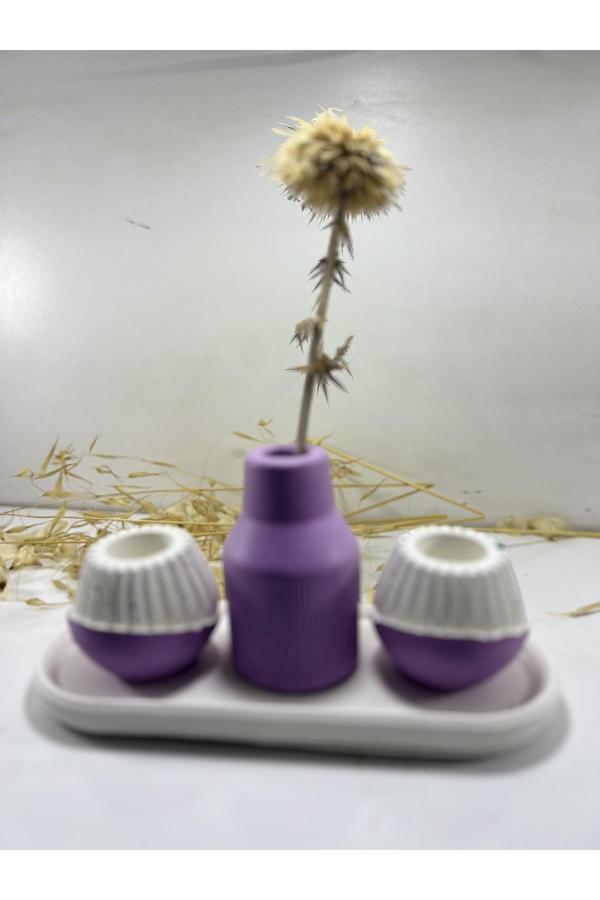 Blanj Lila Beyaz İskandinav Vazo Şamdan Set - Image 1