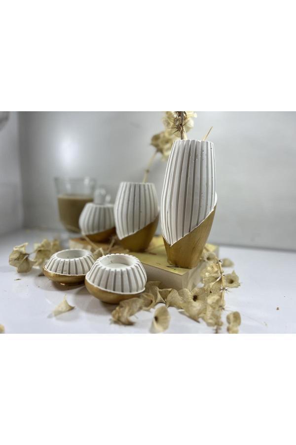 Blanj Gold Beyaz Vazo Şamdan Çizgili Mumluk 5Li Set - Image 1