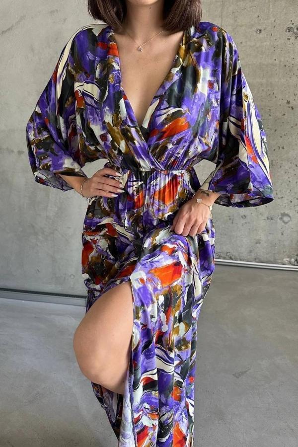 BİÇOMİ Dokuma baskılı yarasa kol elbise s8124 - Image 1