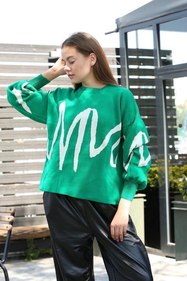 BİÇOMİ Beyaz çizgili bisiklet yaka kazak yeşil - Image 1