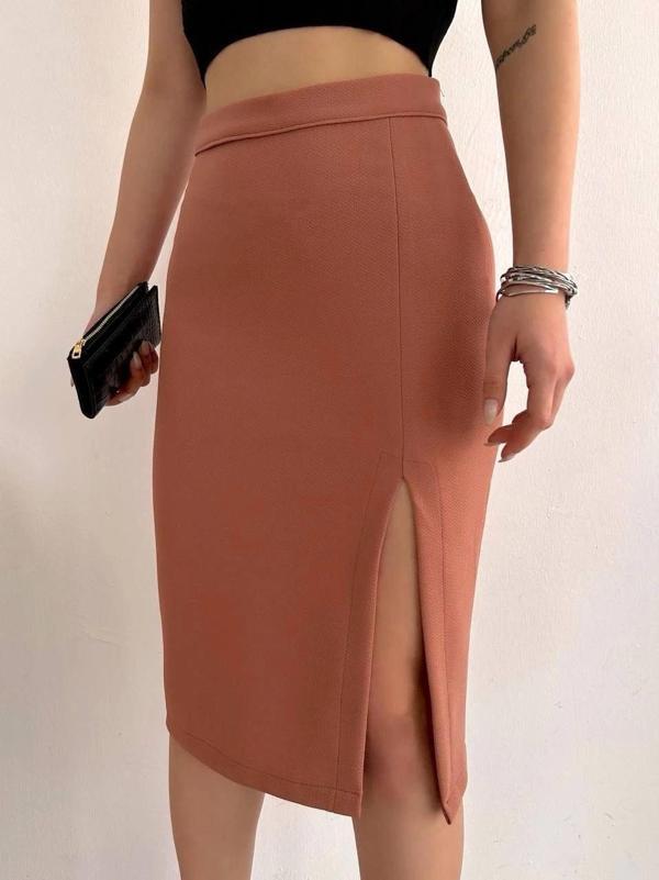 BİÇOMİ Uzun midi boy yırtmaçlı etek somon s24907 - Image 1