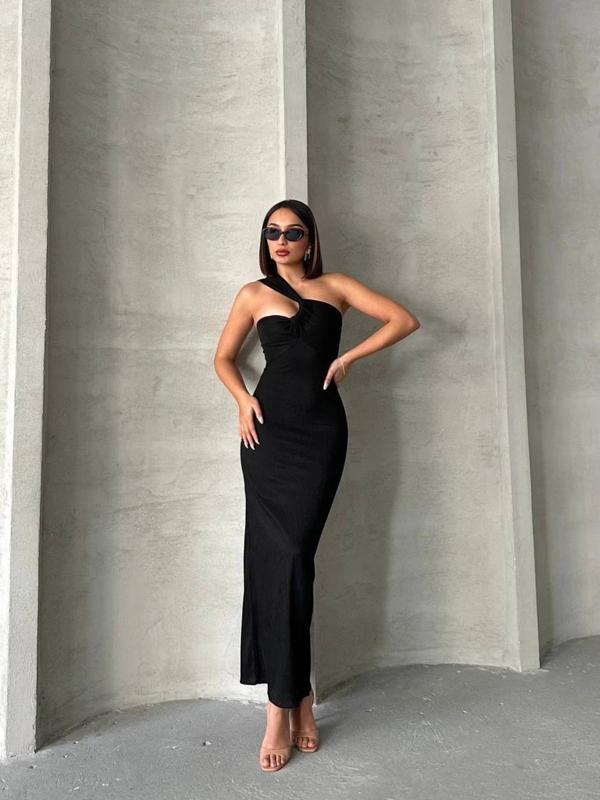 BİÇOMİ Krinkıl tek omuz uzun elbise siyah s25455 - Image 1