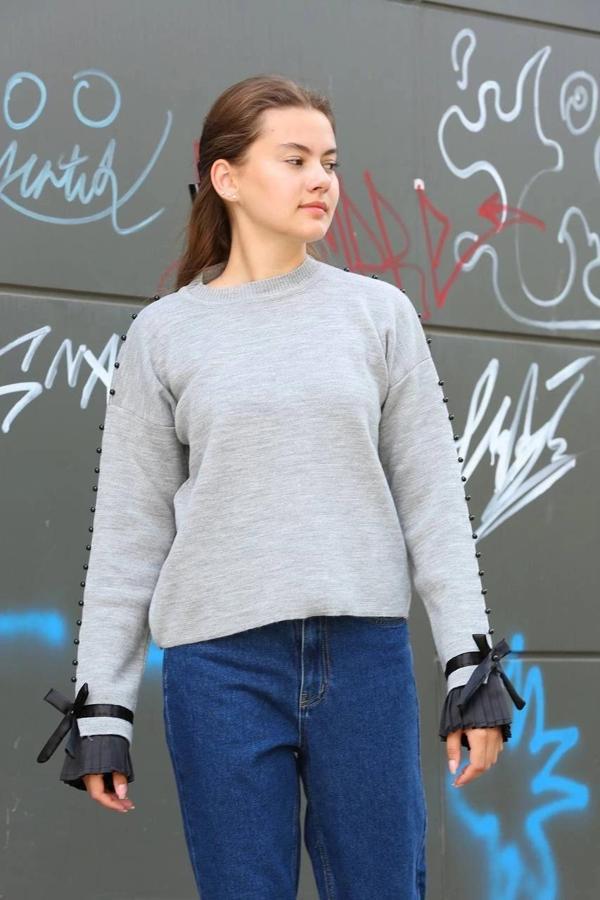 BİÇOMİ Boncuklu bile detaylı kazak gri - Image 1