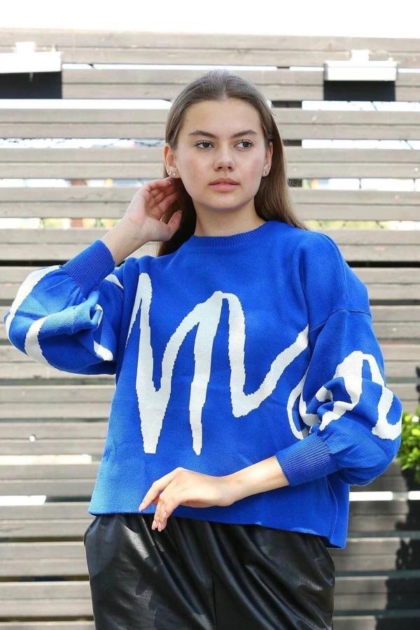 BİÇOMİ Beyaz çizgili bisiklet yaka kazak saksmavisi - Image 1