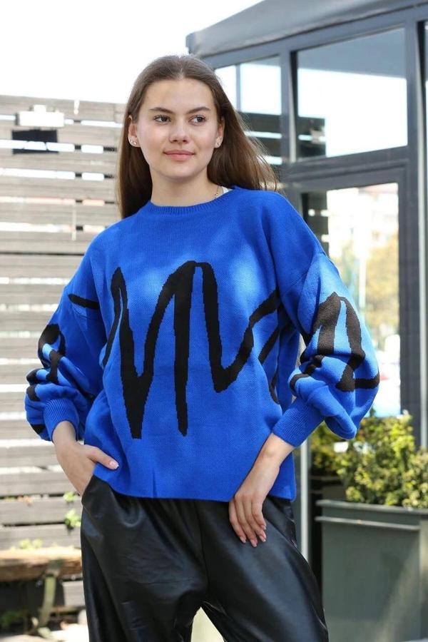 BİÇOMİ Siyah çizgili bisiklet yaka kazak Saks - Image 1