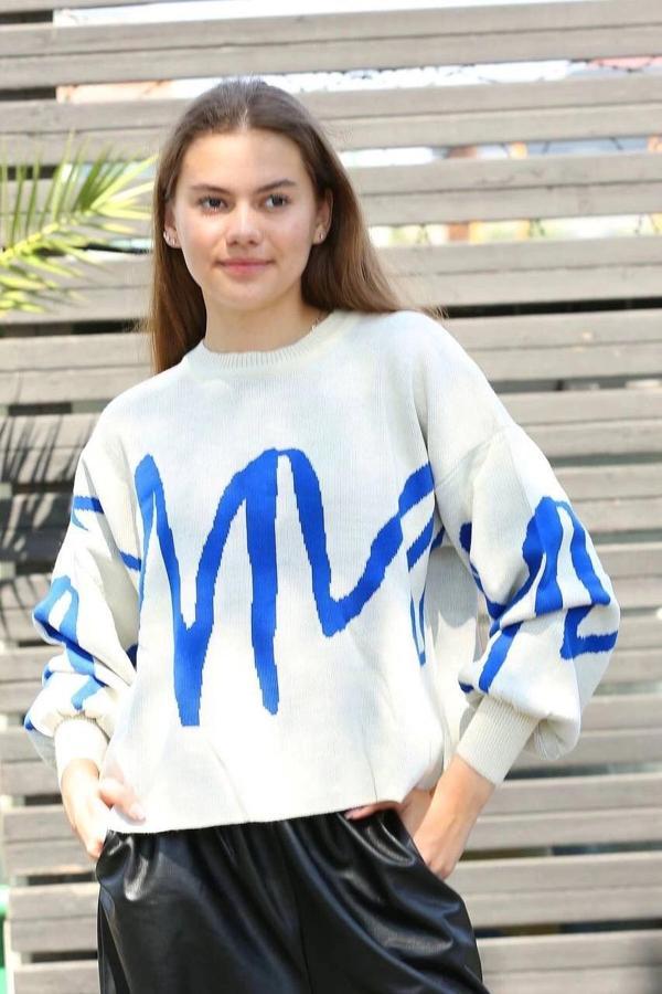 BİÇOMİ Mavi çizgili bisiklet yaka kazak beyaz - Image 1