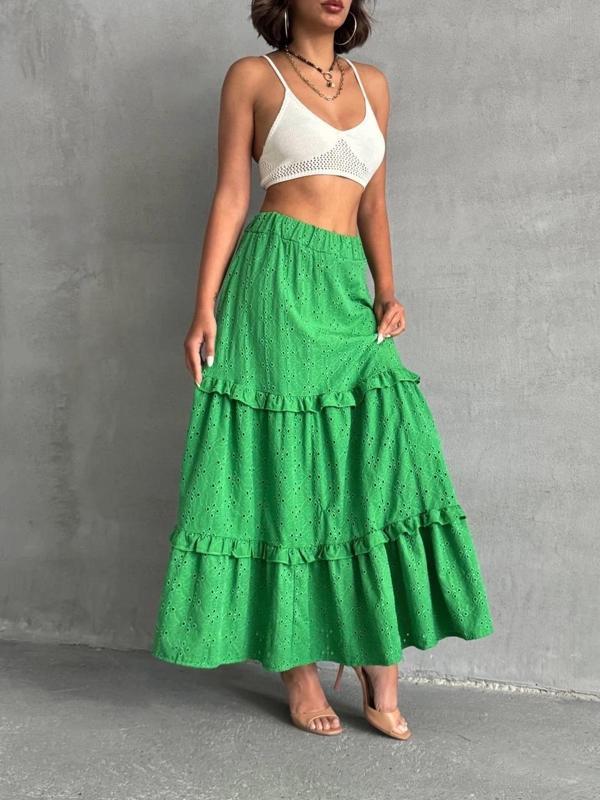 BİÇOMİ Fırfırlı brodeli astarlı uzun etek yeşil s255047 - Image 1