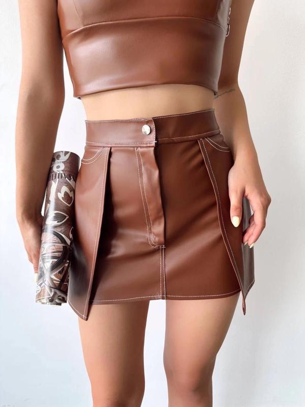 BİÇOMİ Kontrast deri etek kahve w260015 - Image 1