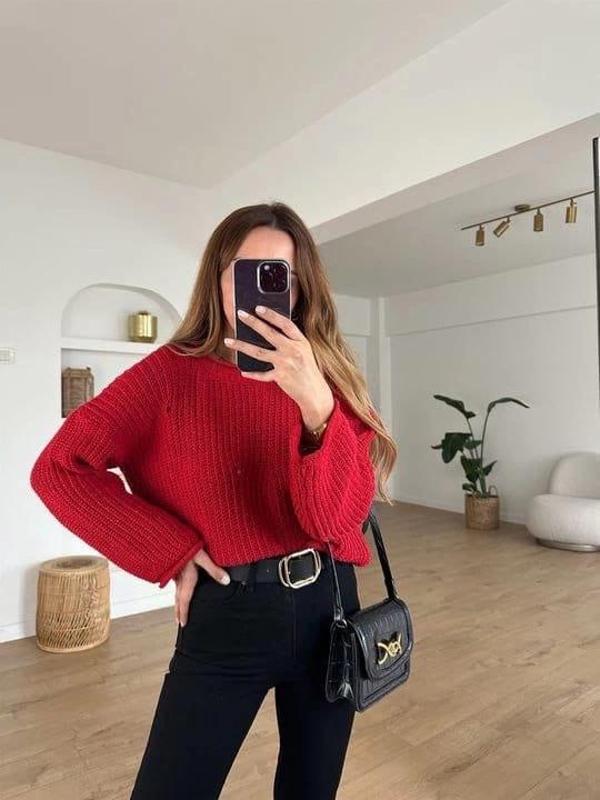 BİÇOMİ Salaş delik detaylı kazak kırmızı - Image 1