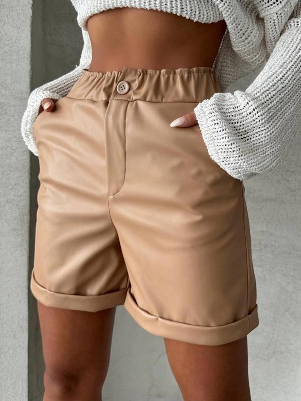 BİÇOMİ Beli lastikli duble paça deri şort bej w24755 - Image 1