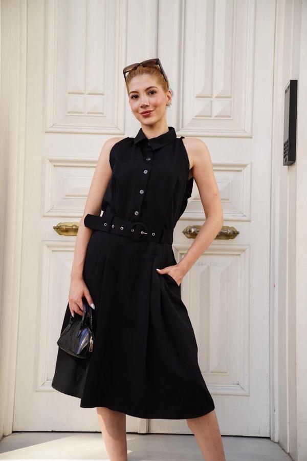 BİÇOMİ Gömlek yaka kemerli elbise siyah s255061 - Image 1