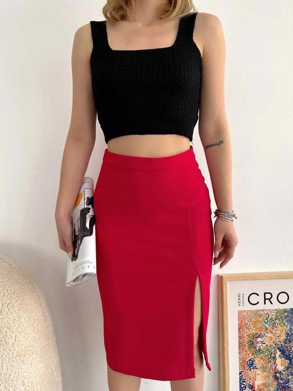 BİÇOMİ Yırtmaçlı esnek kumaş midi boy etek koyu kırmızı - Image 1