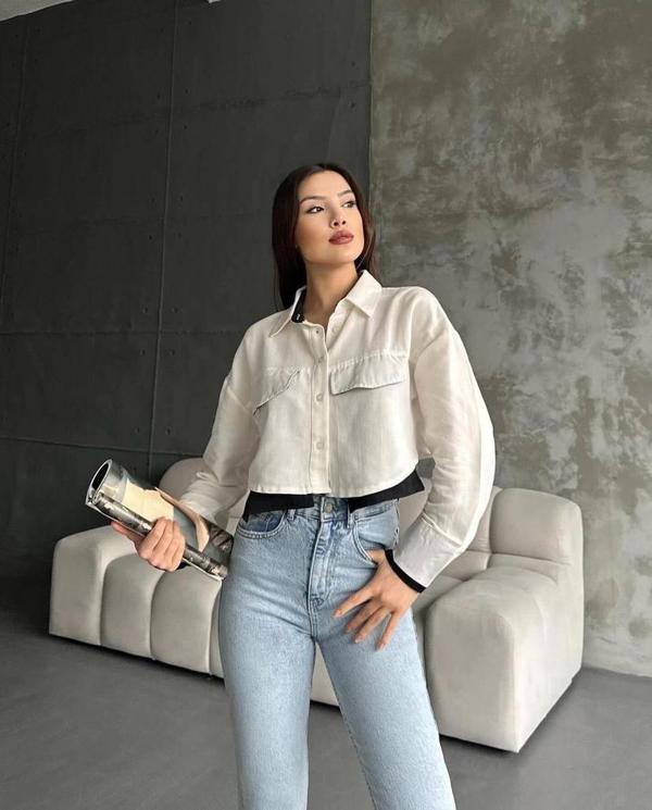 BİÇOMİ Çift renkli kısa gömlek krem s4021 - Image 1