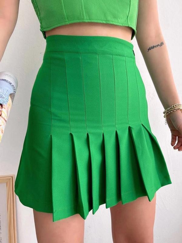BİÇOMİ Pileli düğmeli etek açık yeşil s24811 - Image 1