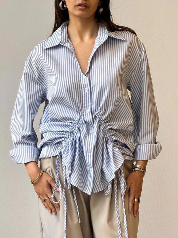 BİÇOMİ Önü büzgü detaylı çizgili gömlek - Image 1