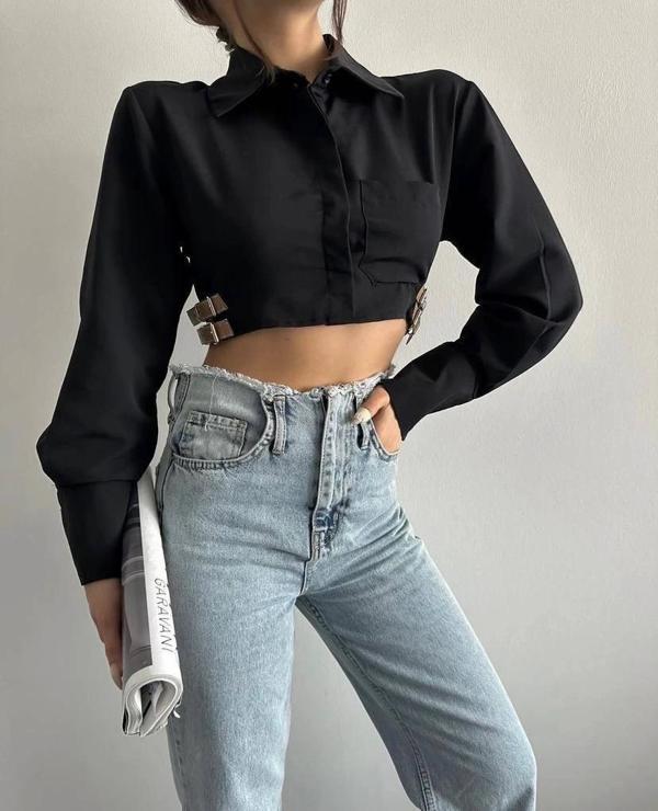 BİÇOMİ Yanı kemer detaylı crop gömlek siyah s4009 - Image 1
