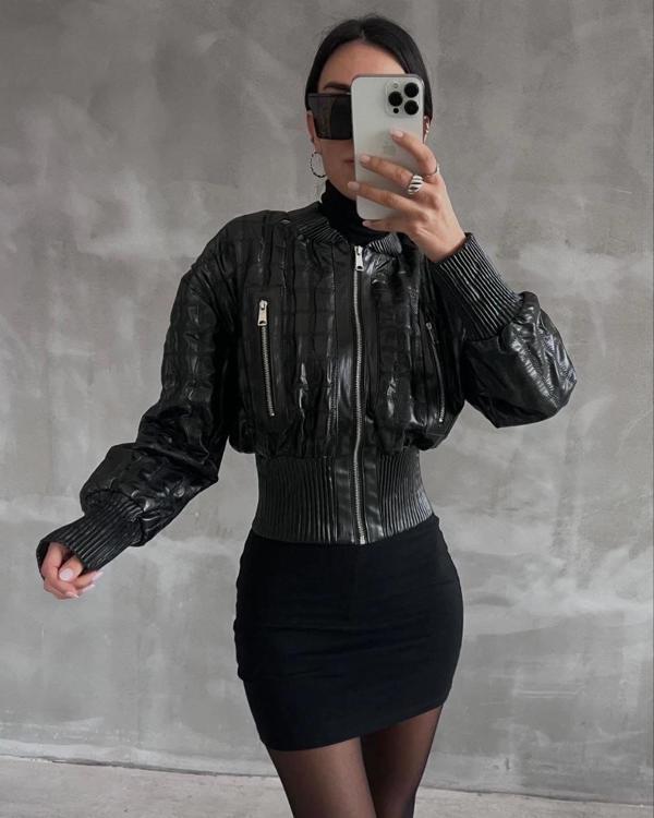 BİÇOMİ Beli büzgülü crop deri ceket siyah - Image 1