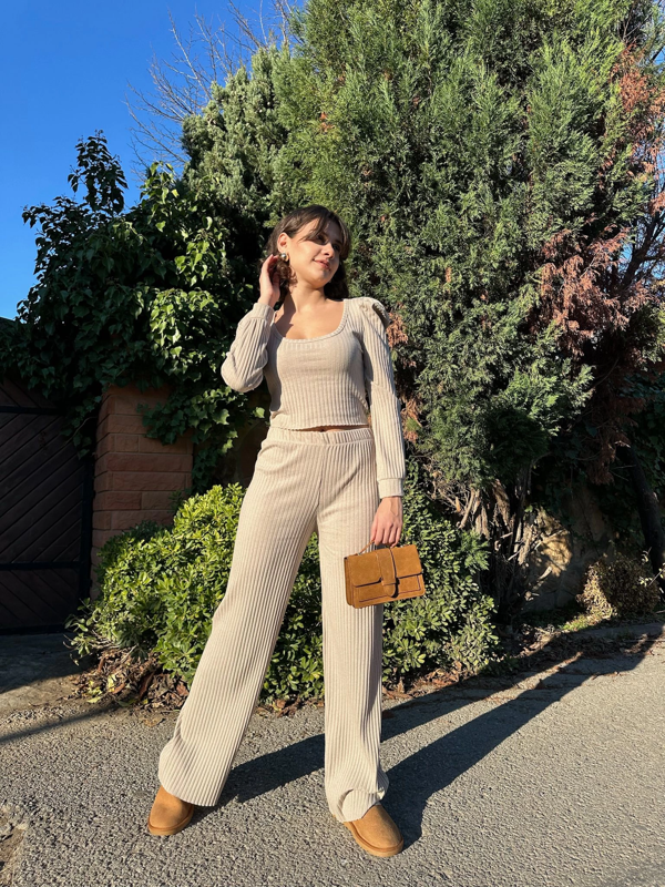 BİÇOMİ Fitilli prenses kol alt üst takım bej - Image 1