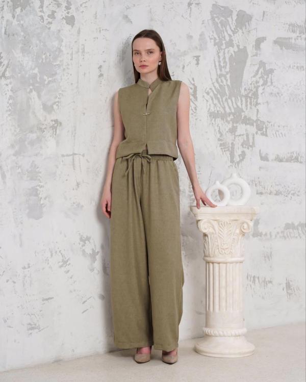 BİÇOMİ Broşlu yelek pantolon takım haki s255821 - Image 1