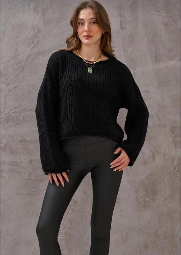 BİÇOMİ Salaş delik detaylı kazak siyah - Image 1