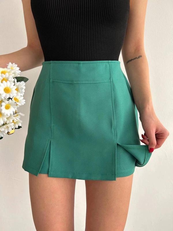 BİÇOMİ Çift yırtmaçlı atlas şort etek yeşil s240364 - Image 1