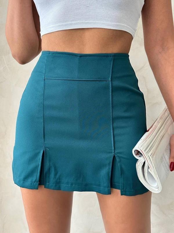 BİÇOMİ Çift yırtmaçlı atlas şort etek petrol yeşili s240364 - Image 1