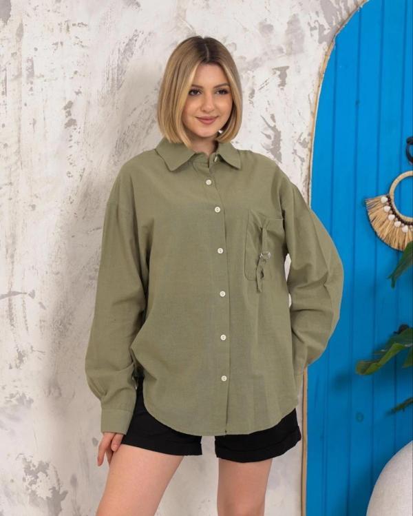 BİÇOMİ Relax fit keten gömlek haki s255349 - Image 1