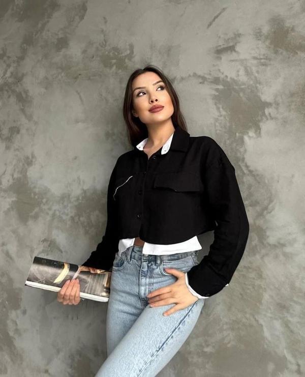 BİÇOMİ Çift renkli kısa gömlek siyahbeyaz s4021 - Image 1