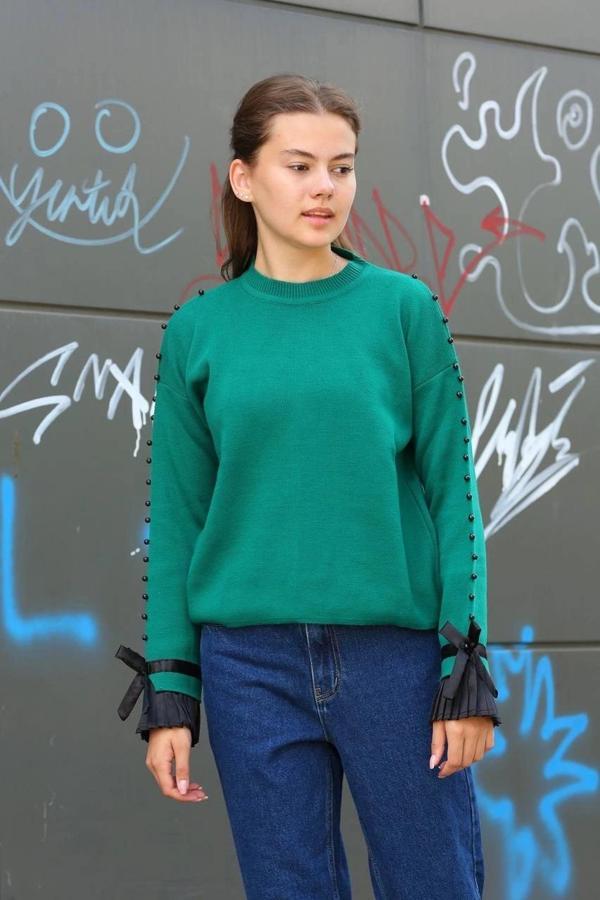 BİÇOMİ Boncuklu bile detaylı kazak petrol yeşili - Image 1