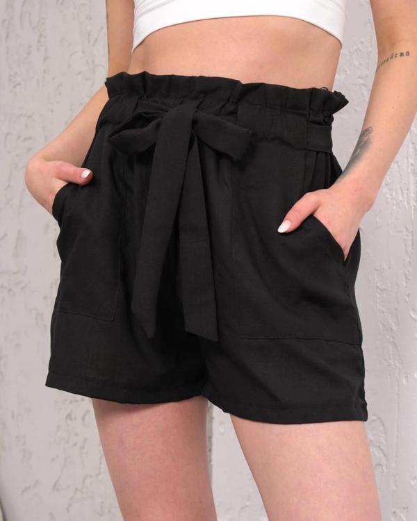 BİÇOMİ Kuşaklı keten şort siyah s255265 - Image 1