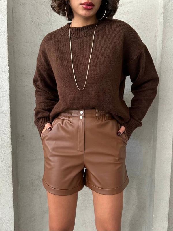 BİÇOMİ Beli lastikli çıtçıtlı deri şort kahve w241007 - Image 1