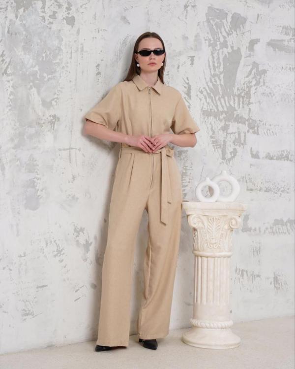 BİÇOMİ Kuşaklı gömlek yaka salaş tulum bej s255822 - Image 1