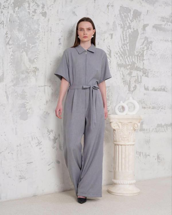 BİÇOMİ Kuşaklı gömlek yaka salaş tulum gri s255822 - Image 1