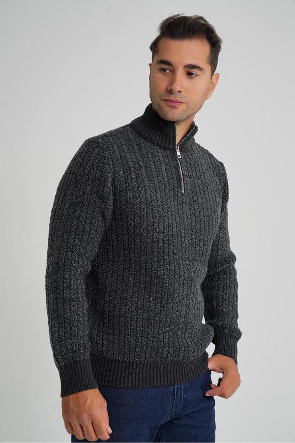 TRİST STAR ERKEK ANTRASIT KISA FERMUARLI SELANİK SAÇ ÖRGÜLÜ DİK YAKA YÜN KAZAK TRIST-5350 - Image 1