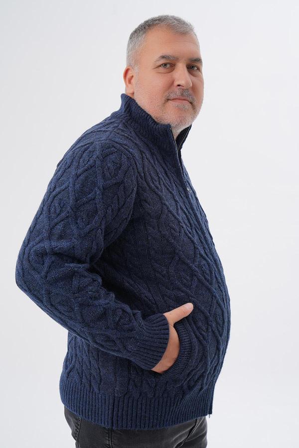 Büyük Beden Erkek Lacivert Cepli Fermuarlı Yürütme Saç Örgülü Yün Hırka TRIST-2120 - Image 1