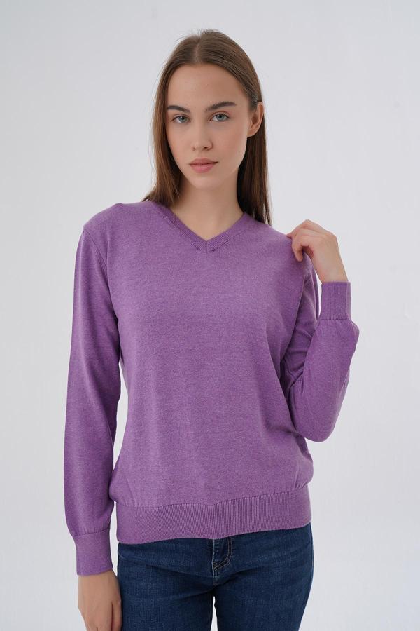 Kadın Koyu Lila %100 Organik Pamuk V Yaka Triko Kazak Bluz Trıst-6102 - Image 1