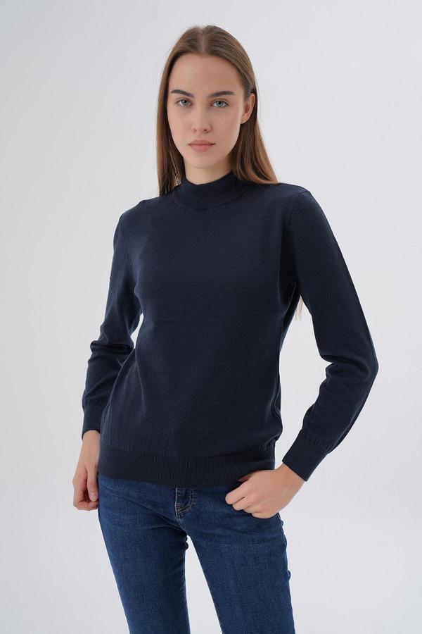 Lacivert %100 Organik Pamuk Bisiklet Yaka Ajurlu Triko Kazak Örme Bluz - Image 1