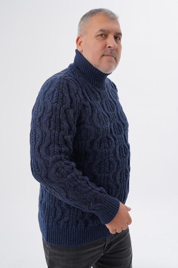 BÜYÜK BEDEN ERKEK LACIVERT BALIKÇI SAÇ ÖRGÜLÜ YÜN KAZAK TRIST-2119 - Image 1