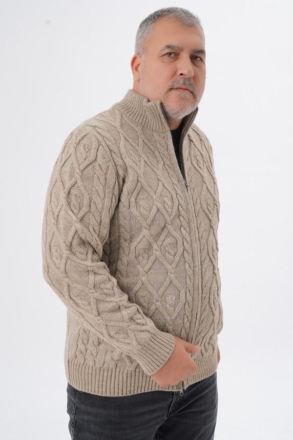 Büyük Beden Erkek Vizon Cepli Fermuarlı Yürütme Saç Örgülü Yün Hırka TRIST-2120 - Image 1