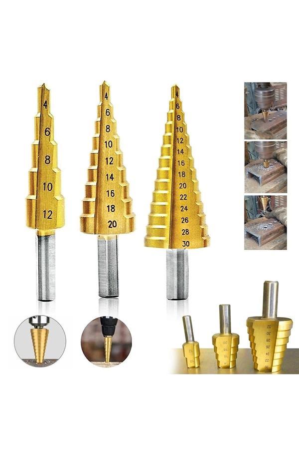 3 lü Set Matkap Ucu Kademeli Sac Delme Aparatı HSS Titanyum Kaplama (5365) - Image 1