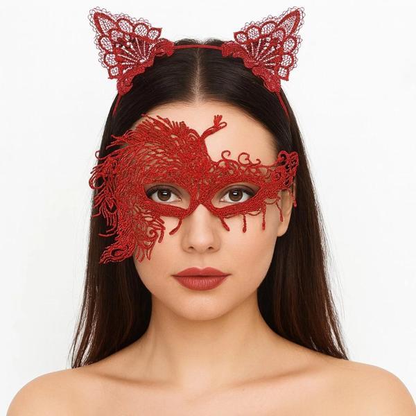 Alevin Zarafeti Kırmızı Dantel Maske ve Taç Seti 4 No – Kadın Kostüm Tamamlayıcı (5365) - Image 1