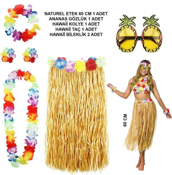 Hawaii Parti Kostüm Seti - 60 cm Hasır Etek, Çiçekli Aksesuarlar ve Ananas Gözlük (5365) - Image 1