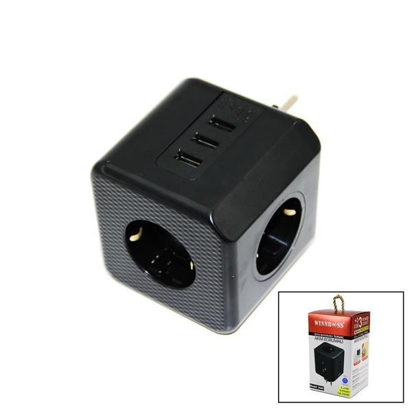 TERMAL AKIM KORUMALI  3X PRİZ 3X USB DUVAR TİPİ PRİZ SİYAH 10A - 2500W (5365) - Image 1