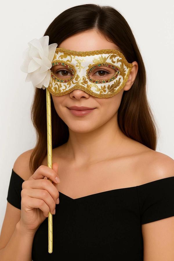 Lüks Taşlı Saplı Maskeli Balo Maskesi Beyaz Renk 35 cm (5365) - Image 1