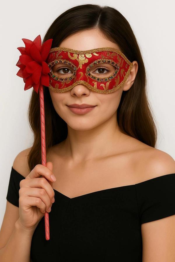 Lüks Taşlı Saplı Maskeli Balo Maskesi Kırmızı Renk 35 cm (5365) - Image 1
