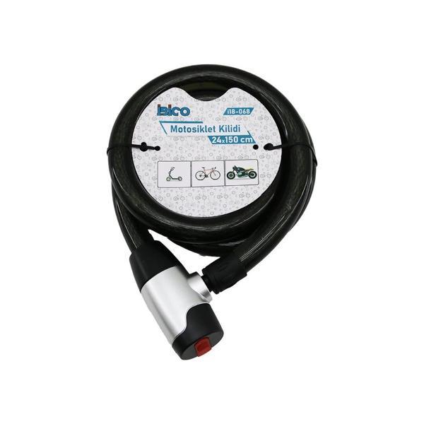 ANAHTARLI AÇ-KAPA KİLİT KAPAKLI MOTOR - BİSİKLET KİLİT ÇELİK TEL SİYAH ŞEFFAF KILIF 24MMX150CM (5365 - Image 1